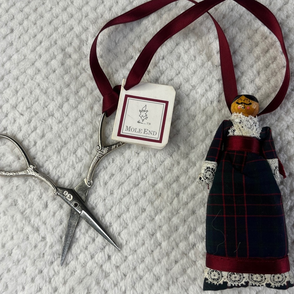 Mole End Handmade Wooden Doll Scissor Keeper with Ornate Embroidery Scissors UK